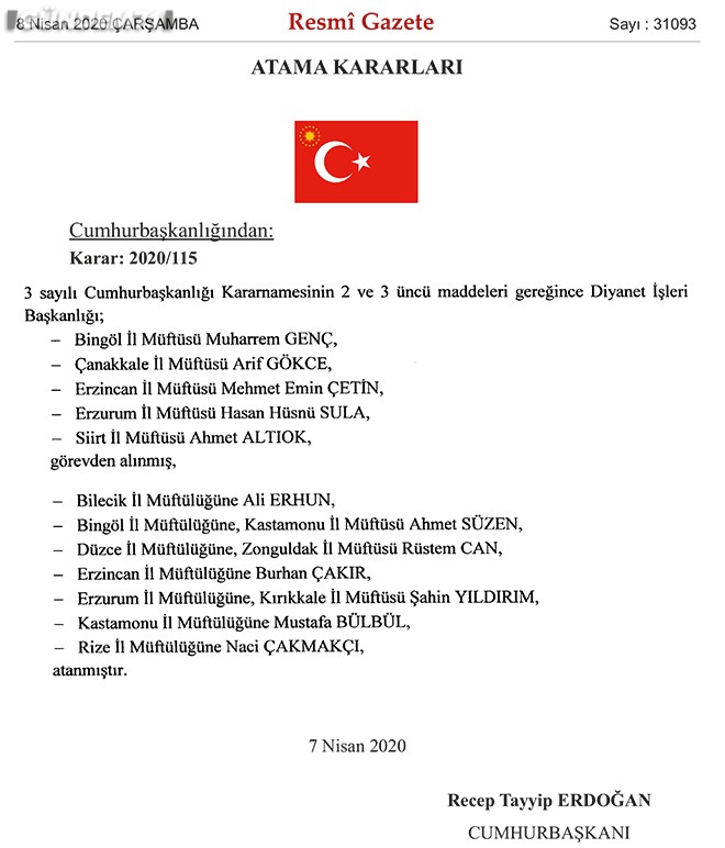 karar1 Kırıkkale Müftüsü Şahin Yıldırım, Erzurum'a Atandı